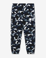 NAVY::A pair of navy Undefeated and Bape sweat pants on a white background.