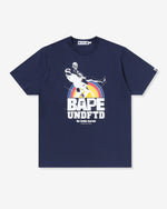 NAVY::A navy Undefeated and Bape t-shirt with the words 'Bape,' 'UNDFTD,' and 'No holds barred' on a white background.