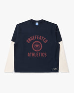 NAVY:: A navy Undefeated Athletics 2fer with white sleeves on a white background.