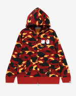 RED::A red Bape hoodie on a white background.