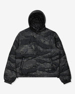 BLACK:A black and grey camo Undefeated Hooded Camo Bubble Jacket on a white background.