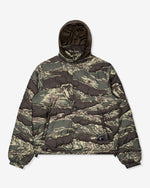 OLIVE:An olive, brown, and tan camo Undefeated Hooded Camo Bubble Jacket on a white background.